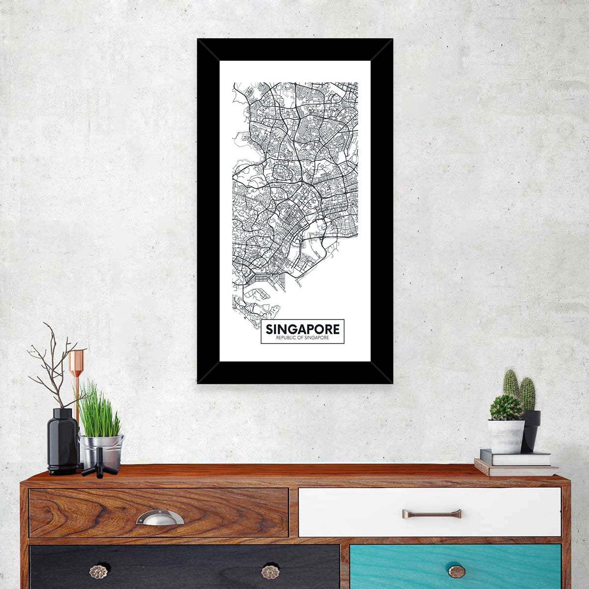 Singapore Minimalist City Map Wall Art in a room, portrait