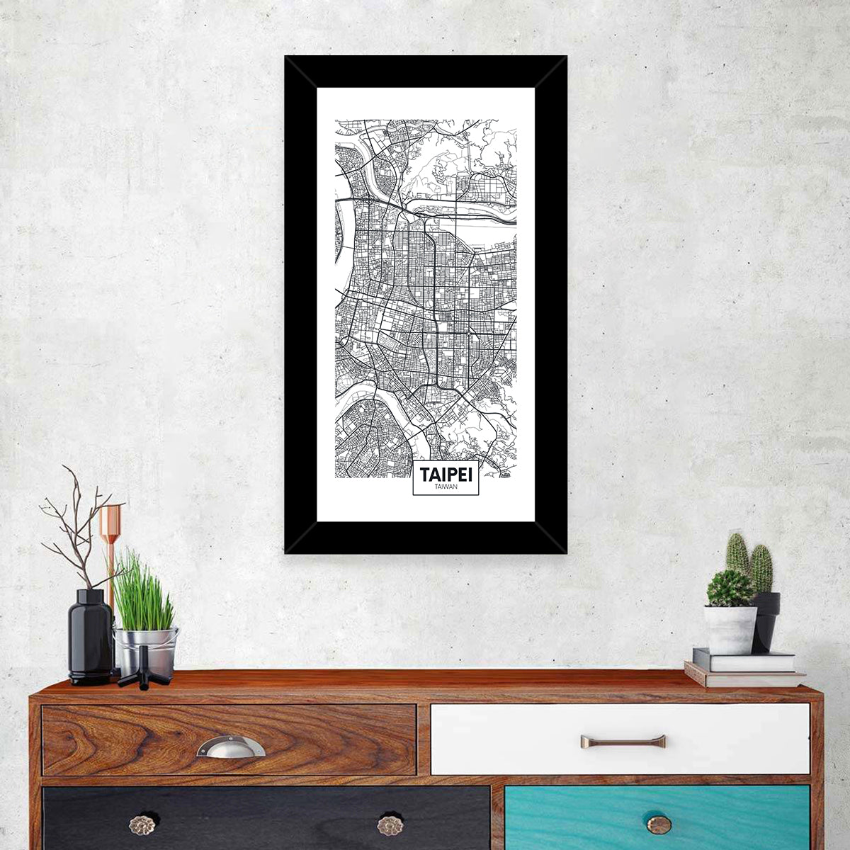 Taipei Street Grid Map Wall Art in a room, portrait