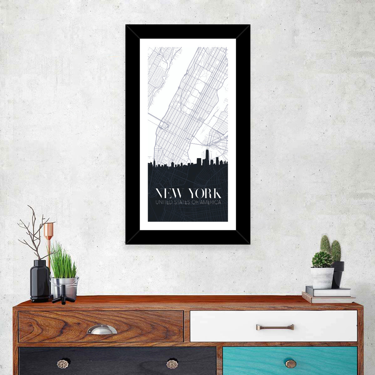 Manhattan Map with Skyline Wall Art in a room, portrait