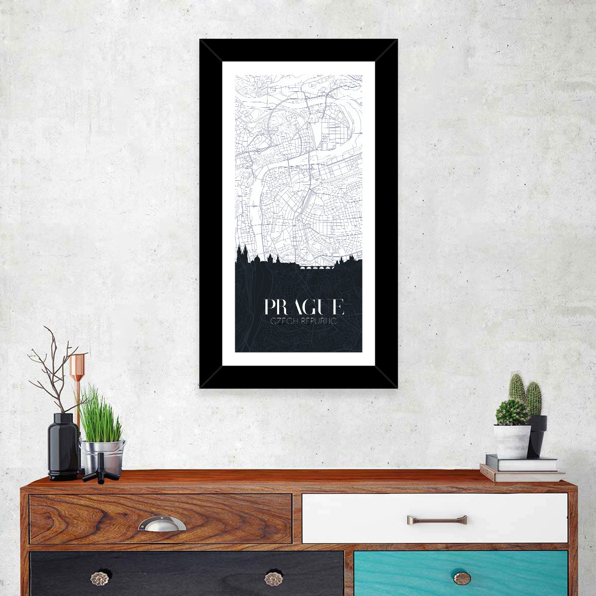 Prague Map with Charles Bridge Wall Art in a room, portrait