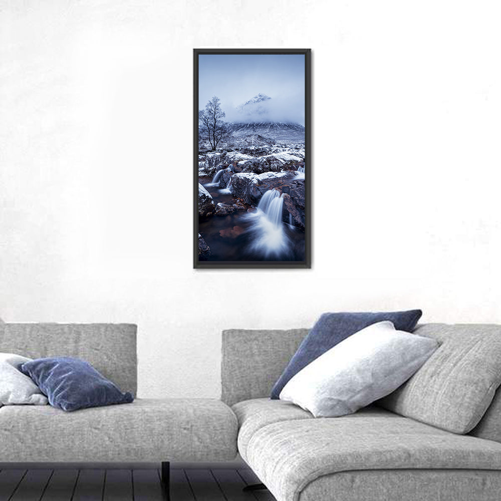 Buachaille Etive Mòr Winter Waterfall Wall Art in a room, portrait
