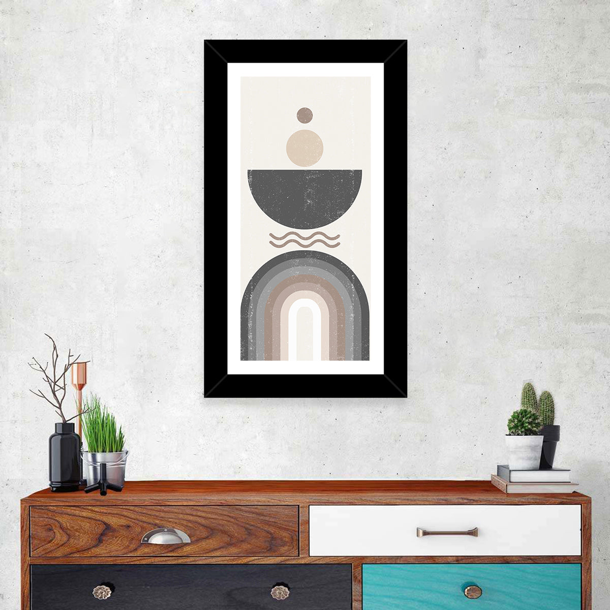 Textured Geometric Sun Wall Art in a room, portrait