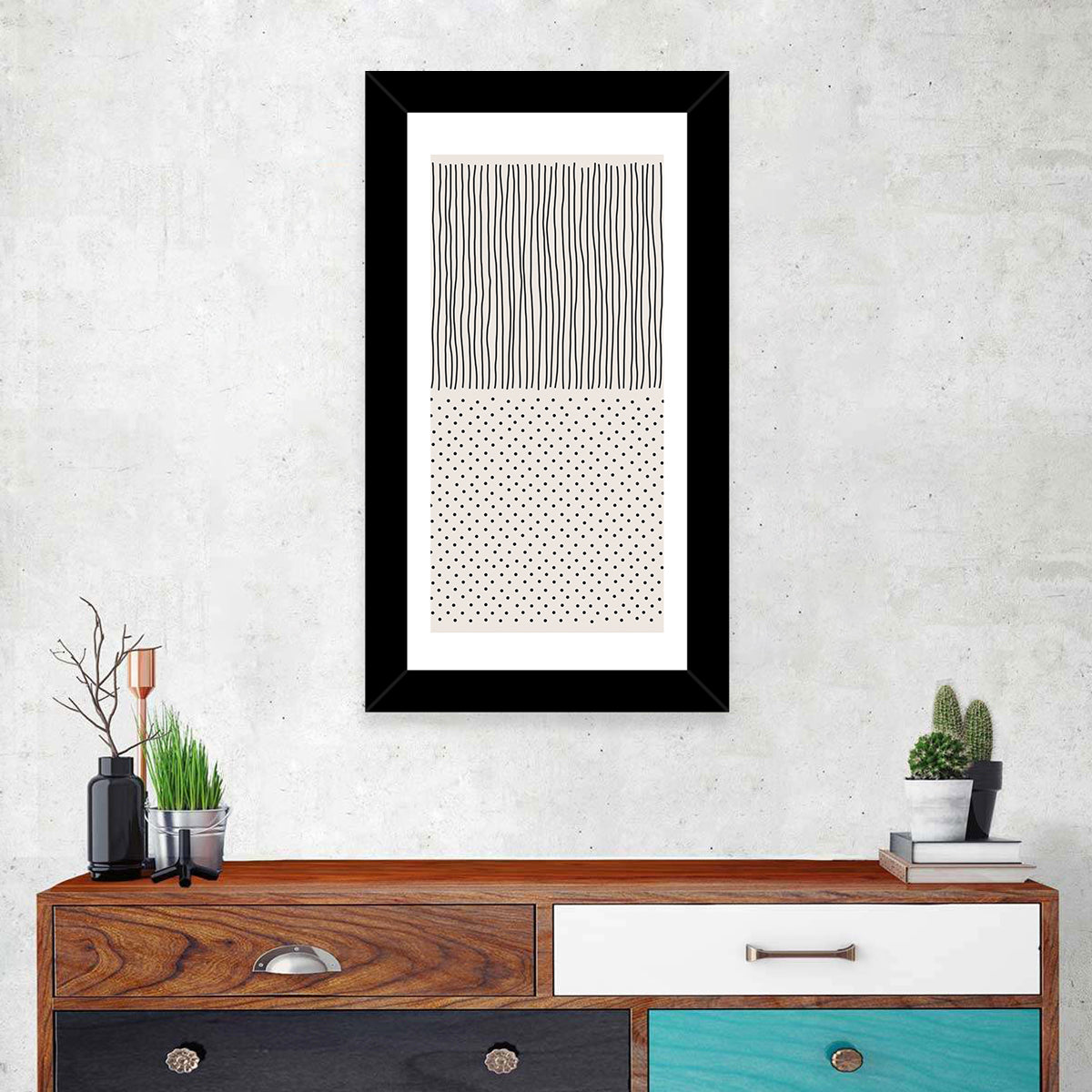 Minimalist Lines and Dots Wall Art in a room, portrait