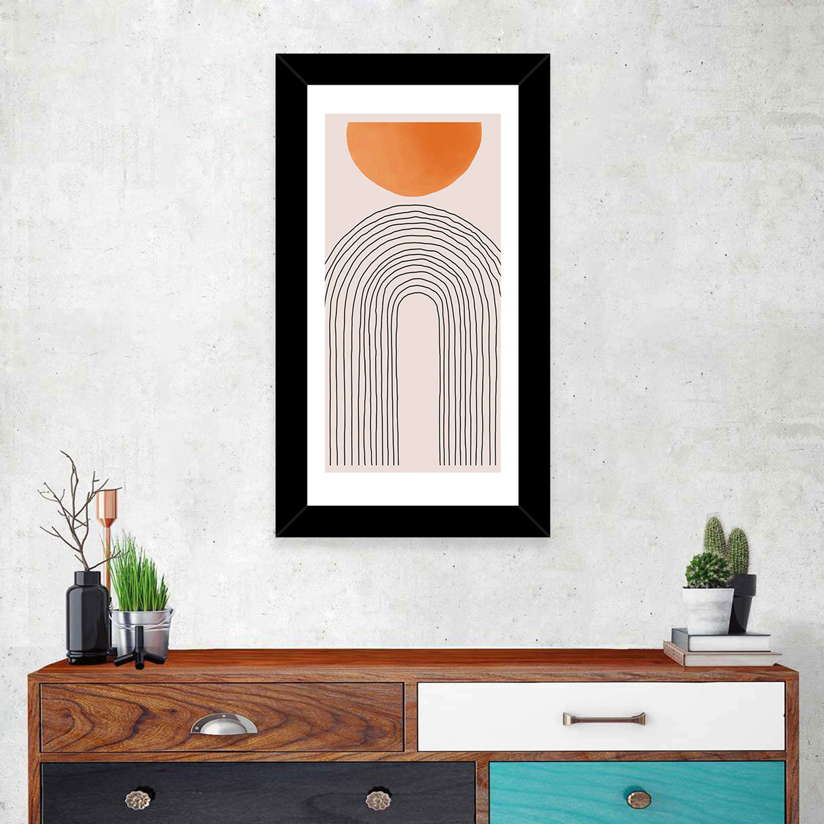 Geometric Sunset Arch Wall Art in a room, portrait