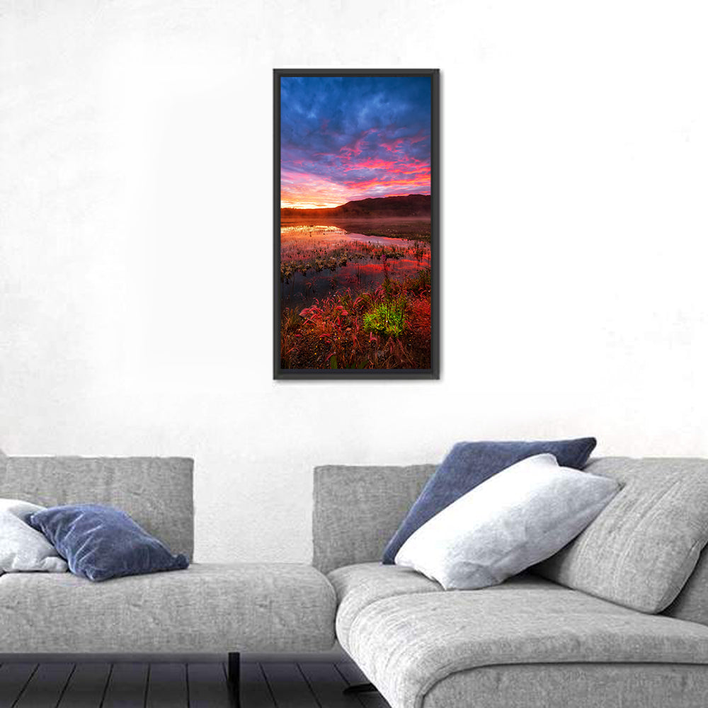 Fish Lake Yukon Sunset Wall Art in a room, portrait