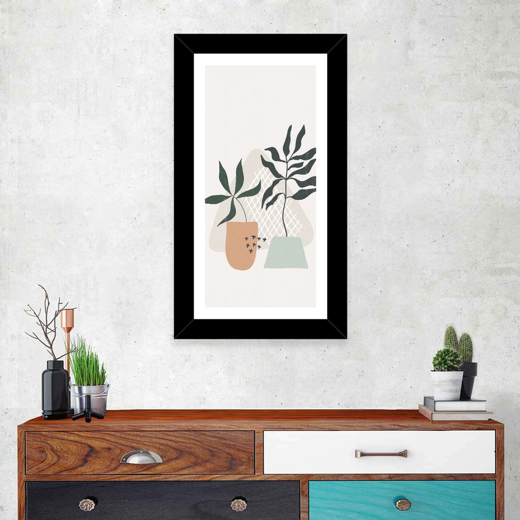 Potted Plants with Hand-drawn Grid Wall Art