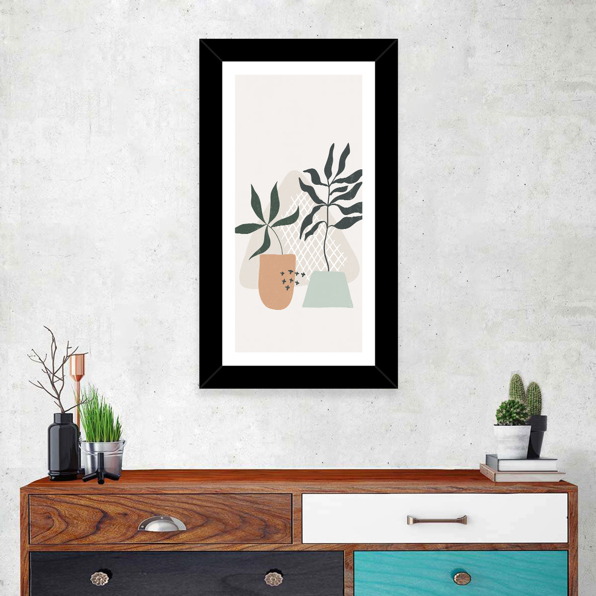 Potted Plants with Hand-drawn Grid Wall Art in a room, portrait