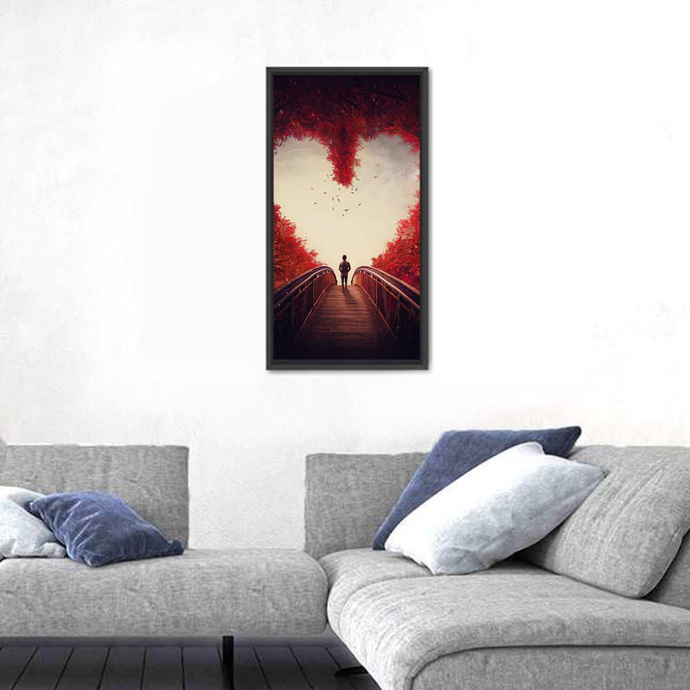 Heart Shaped Forest Path Wall Art in a room, portrait