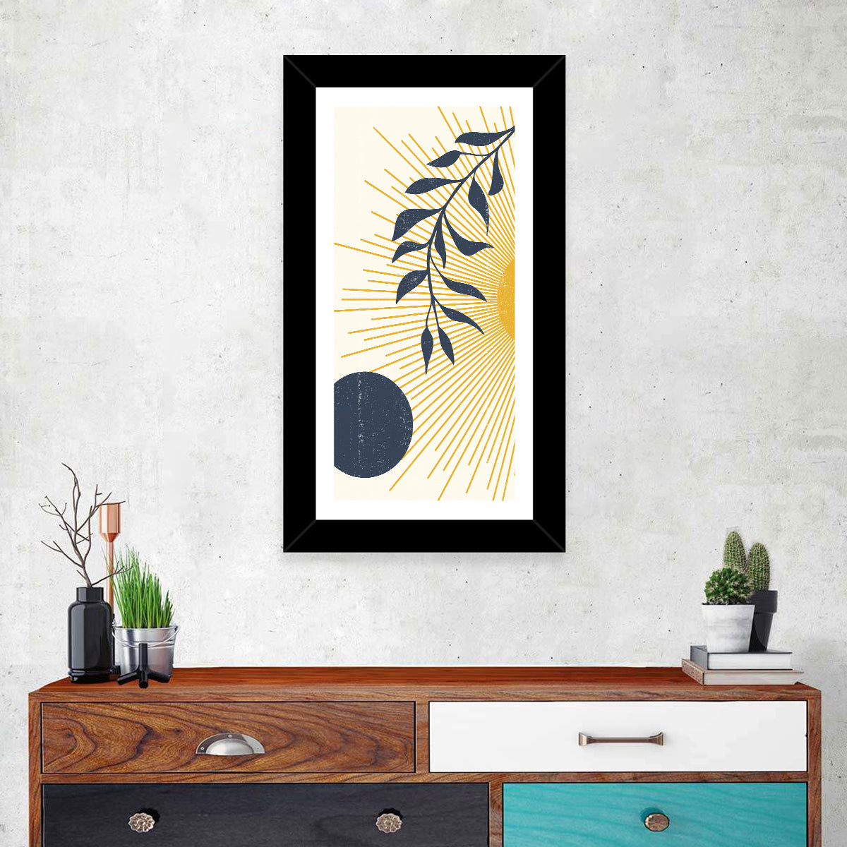 Textured Sun and Moon Abstract Wall Art in a room, portrait
