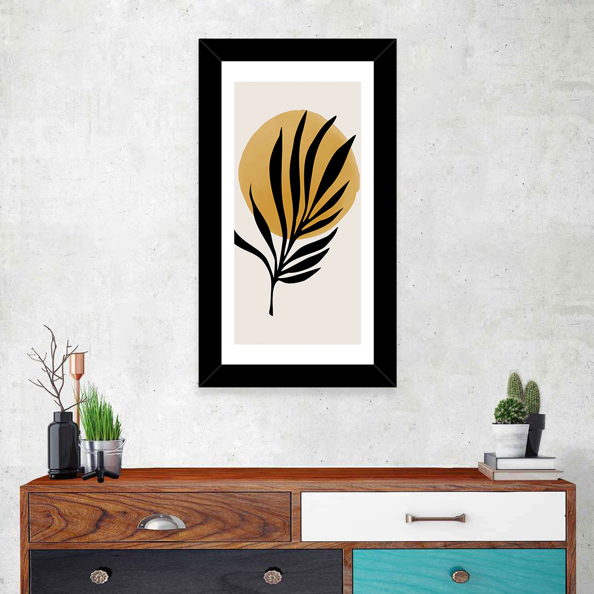 Shining Sun Palm Leaf Wall Art in a room, portrait