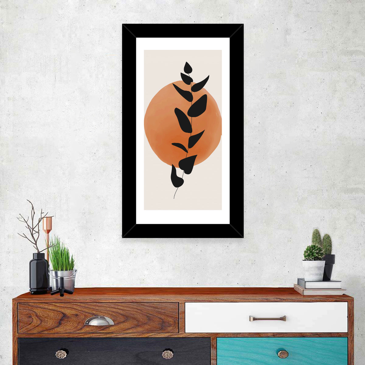 Leafy Branch with Terracotta Circle Wall Art in a room, portrait