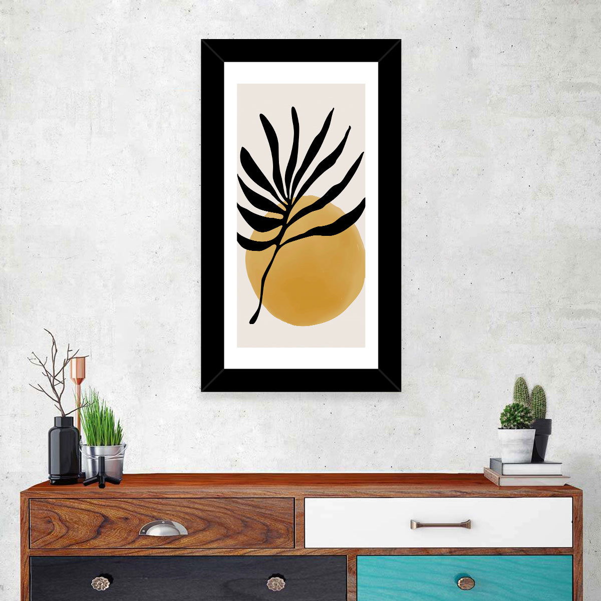 Mustard Sun with Dark Leaf Wall Art in a room, portrait