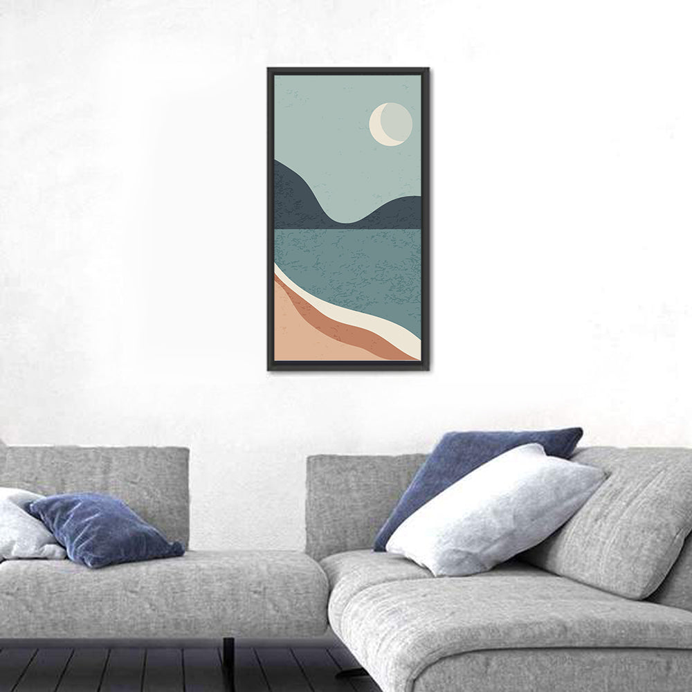 Crescent Moon Mountain Lake Wall Art in a room, portrait