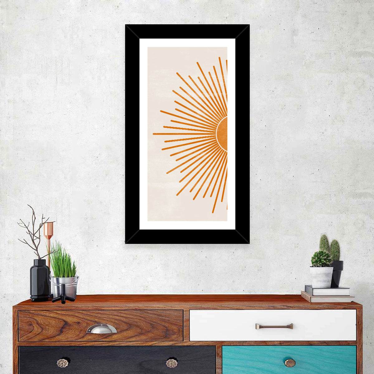 Orange Sunburst Minimalist Wall Art in a room, portrait