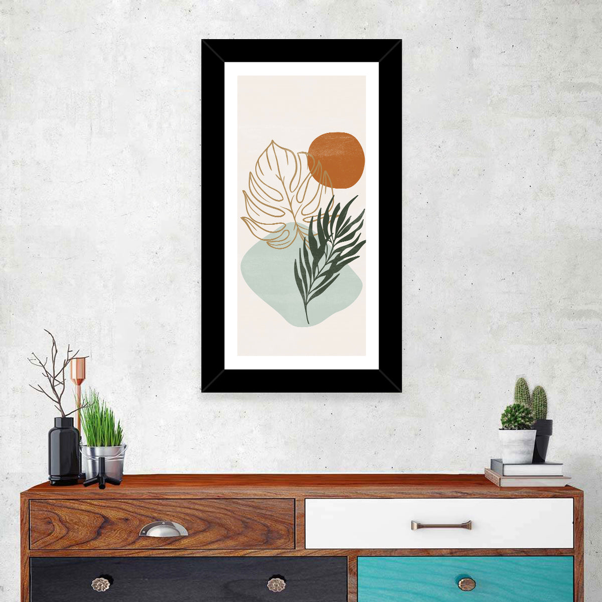 Monstera Sun Botanical Composition Wall Art in a room, portrait