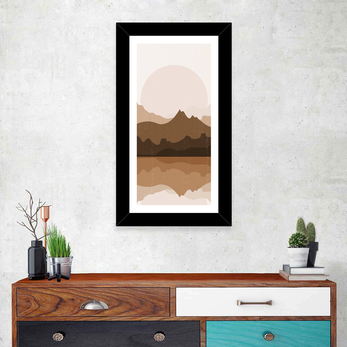 Layered Mountain Lake Sunset Wall Art in a room, portrait