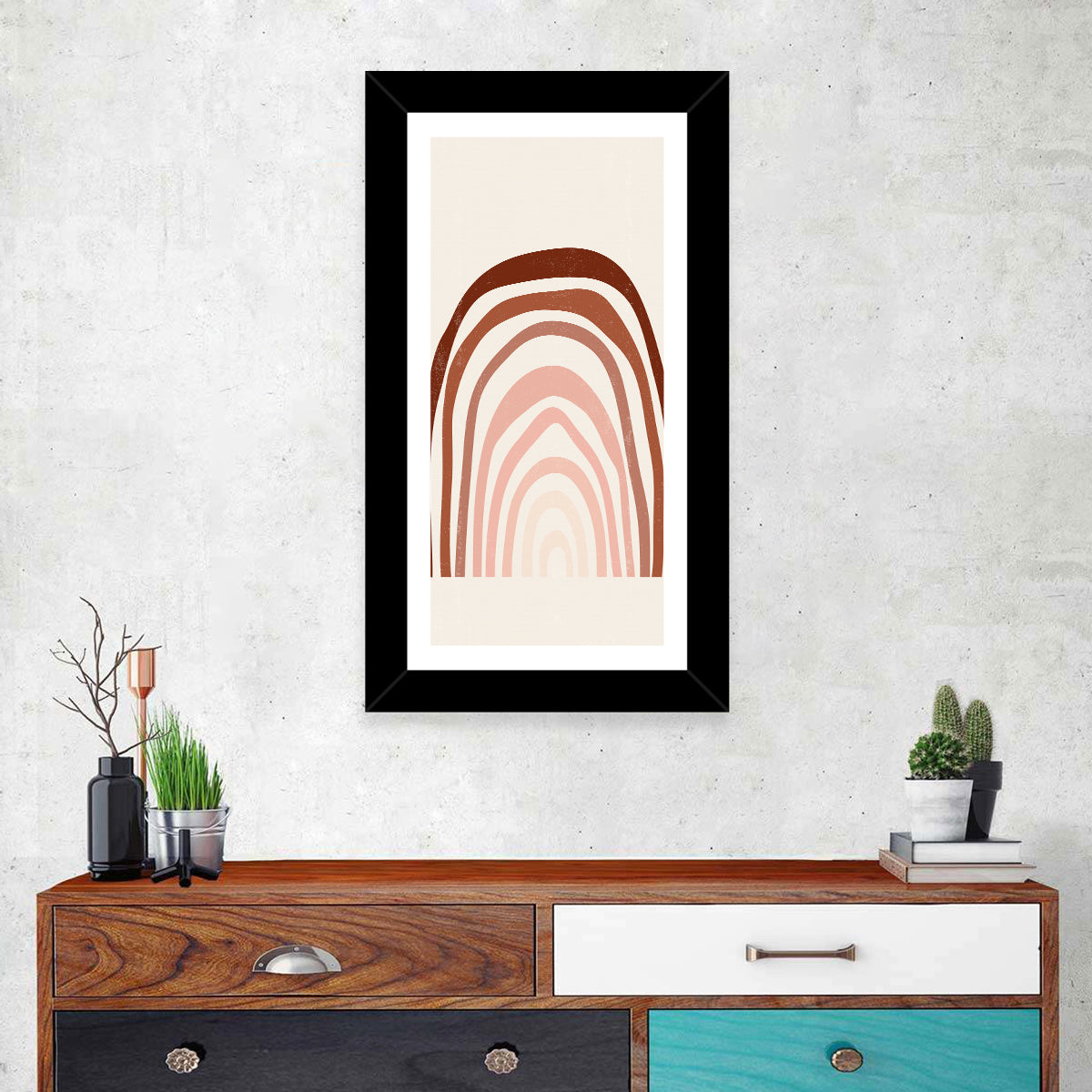 Muted Rainbow Arches Wall Art in a room, portrait