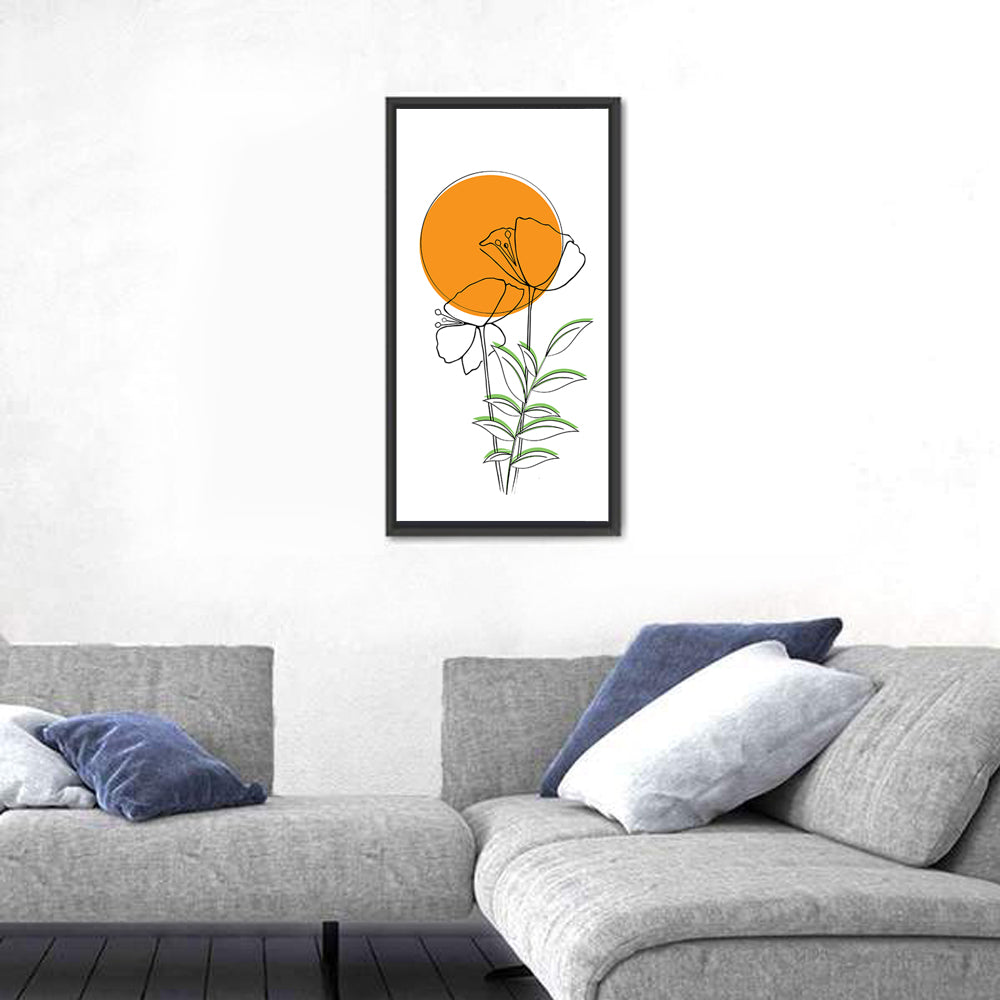 Orange Circle Floral Line Wall Art in a room, portrait