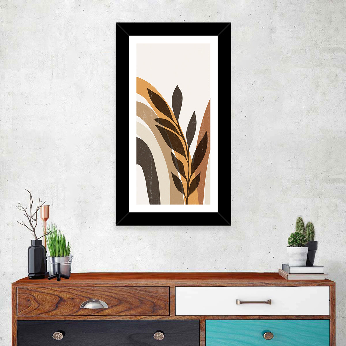Tropical Boho Leaf Arches Wall Art in a room, portrait