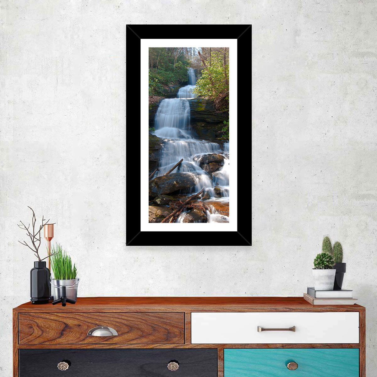 Desoto Falls Cascading Waterfall Wall Art in a room, portrait