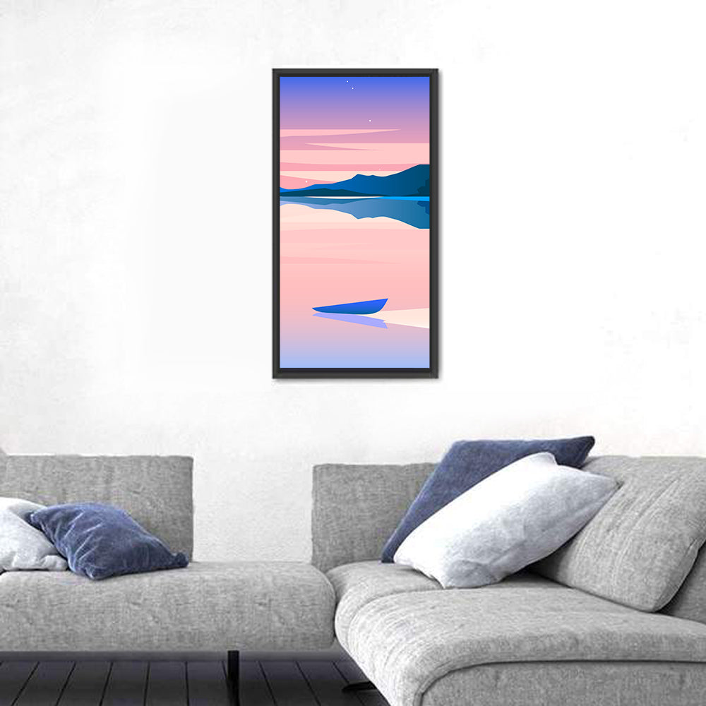 Geometric Lakeside at Dusk Wall Art in a room, portrait