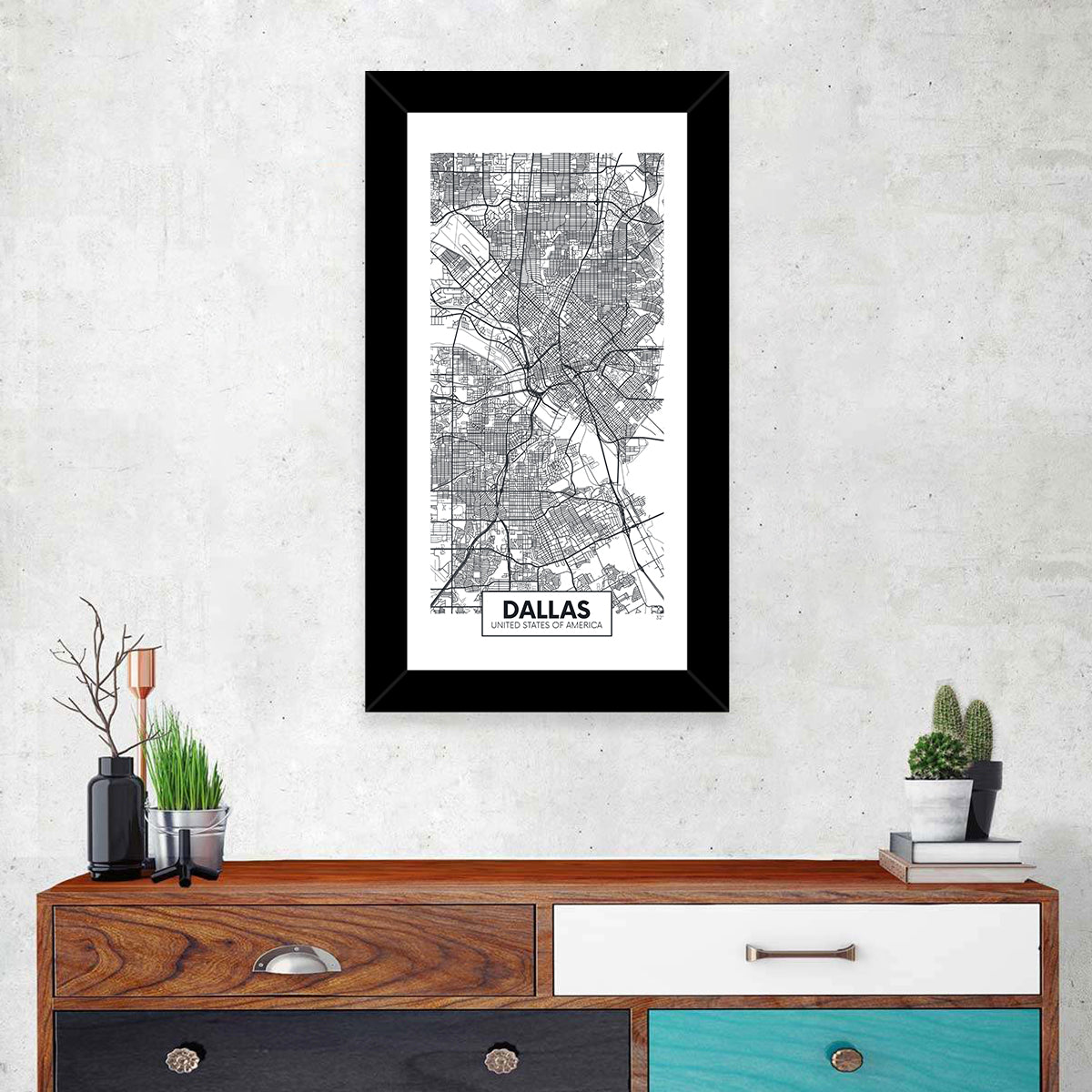 Dallas City Map with Coordinates Wall Art in a room, portrait