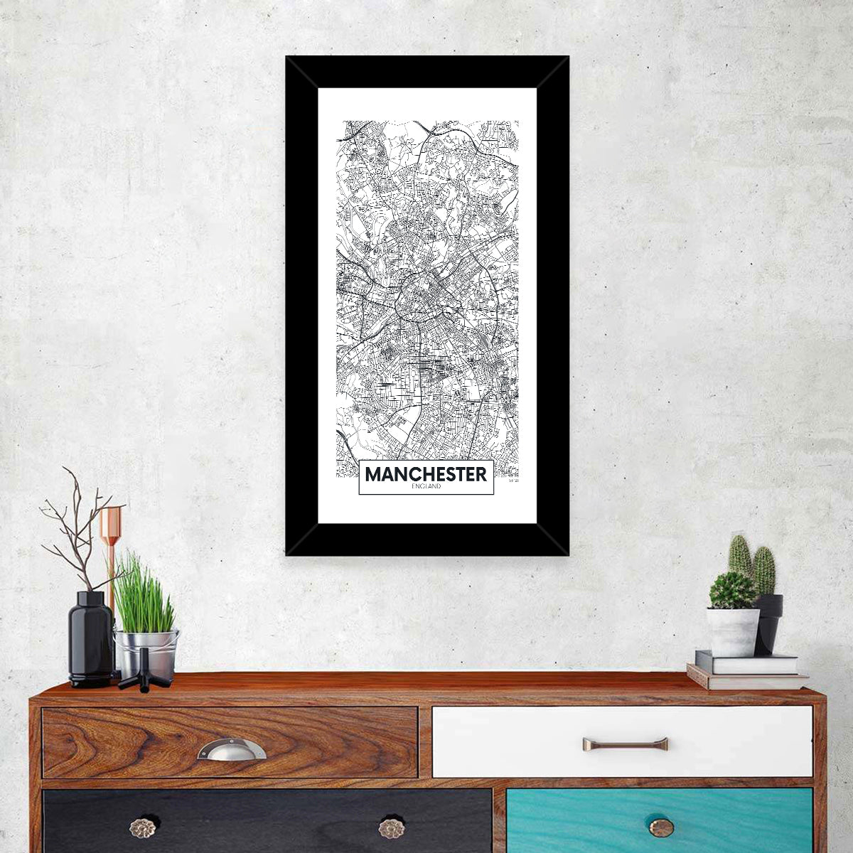 Manchester City Map, Minimalist Wall Art in a room, portrait
