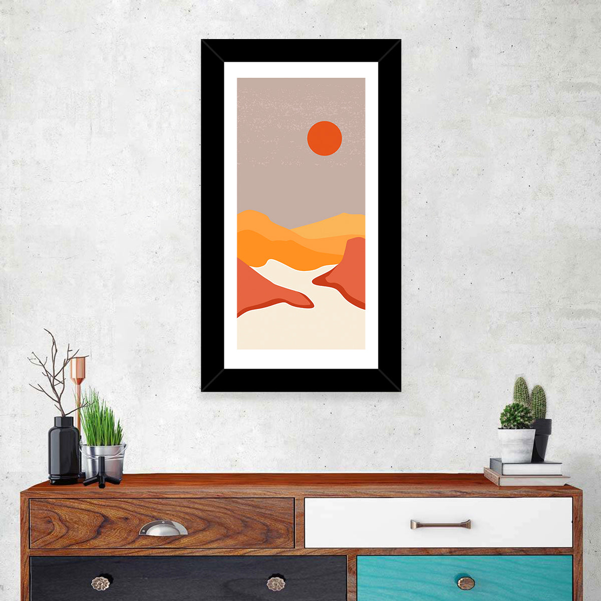 Desert Sunset Mountain Landscape Wall Art in a room, portrait