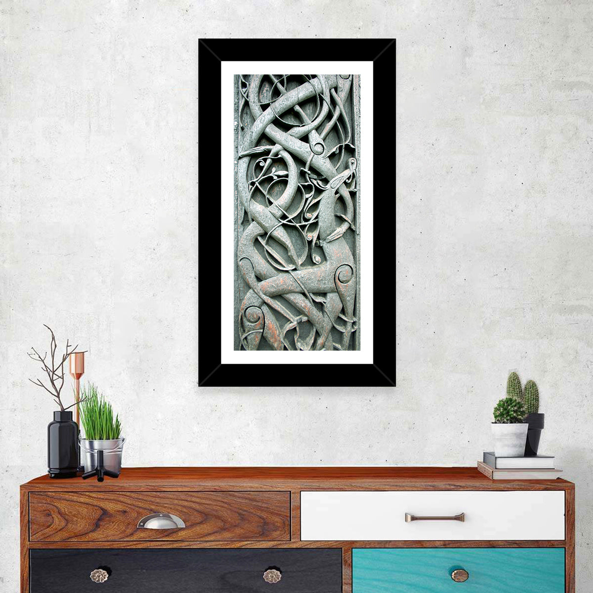 Norwegian Urnes Wood Carving Wall Art in a room, portrait