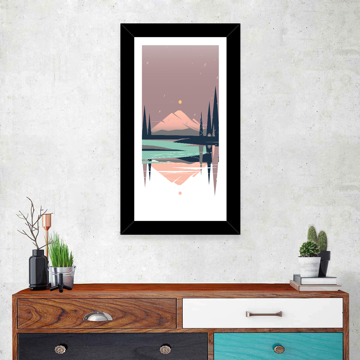 Dusk Mountain Lake Reflection Wall Art in a room, portrait