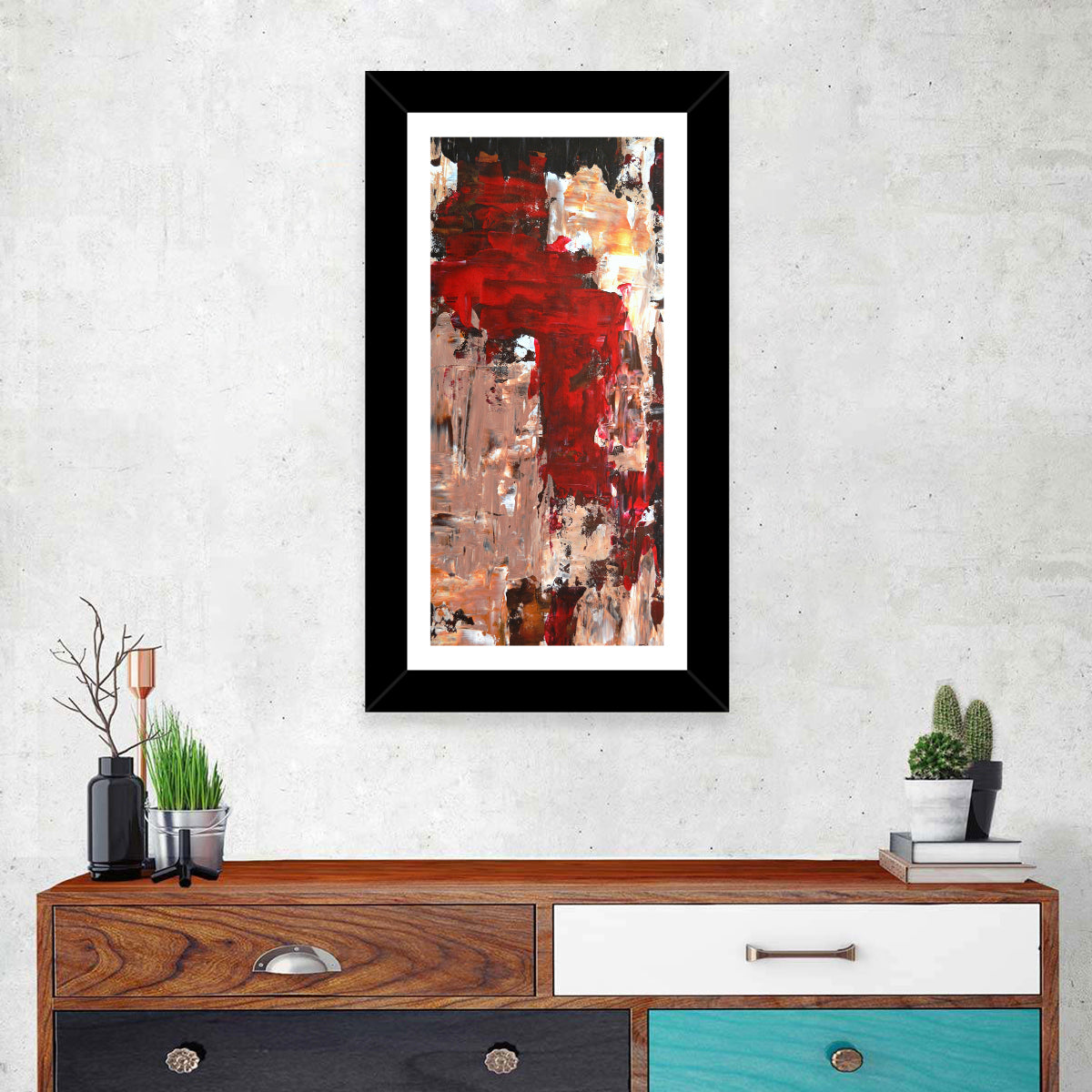 Splash of Red Abstract Wall Art in a room, portrait