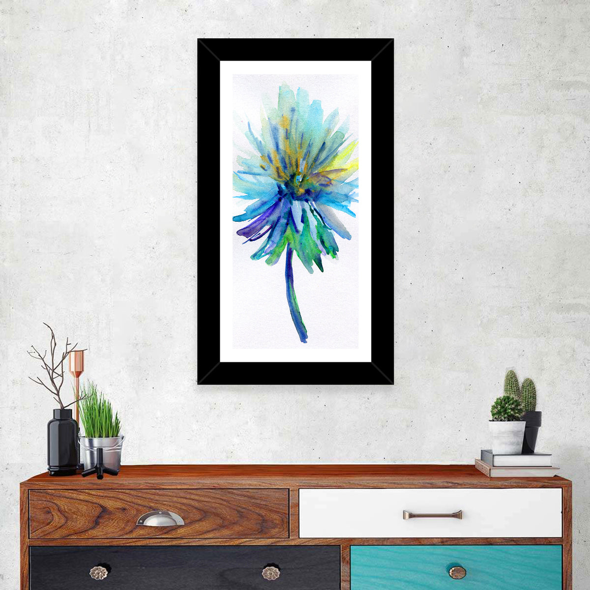 Ethereal Blue Watercolor Flower Wall Art in a room, portrait