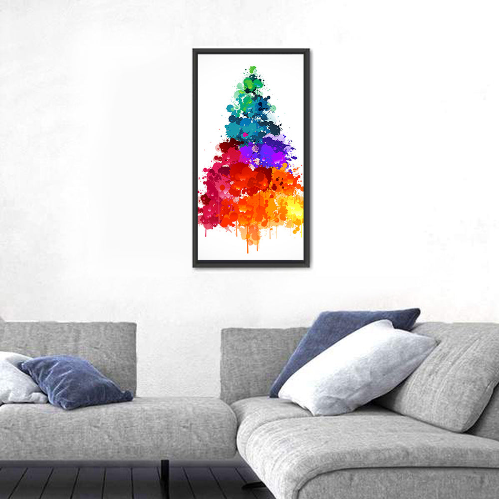 Watercolor Rainbow Christmas Tree Wall Art in a room, portrait