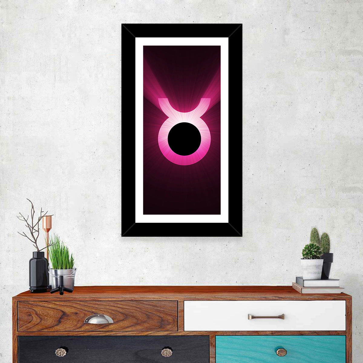 Glowing Pink Taurus Symbol Wall Art