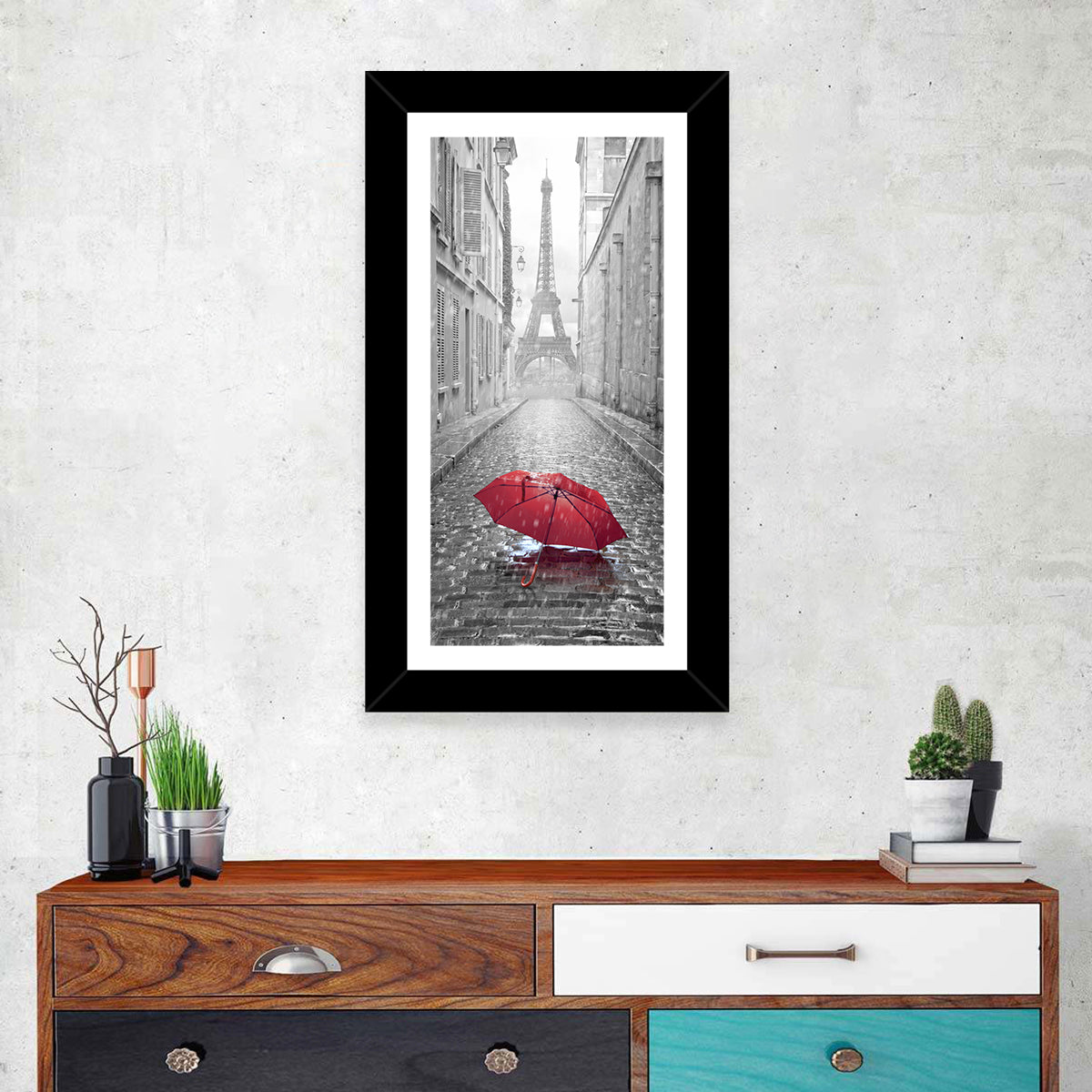 Eiffel Tower on Rainy Street Wall Art in a room, portrait