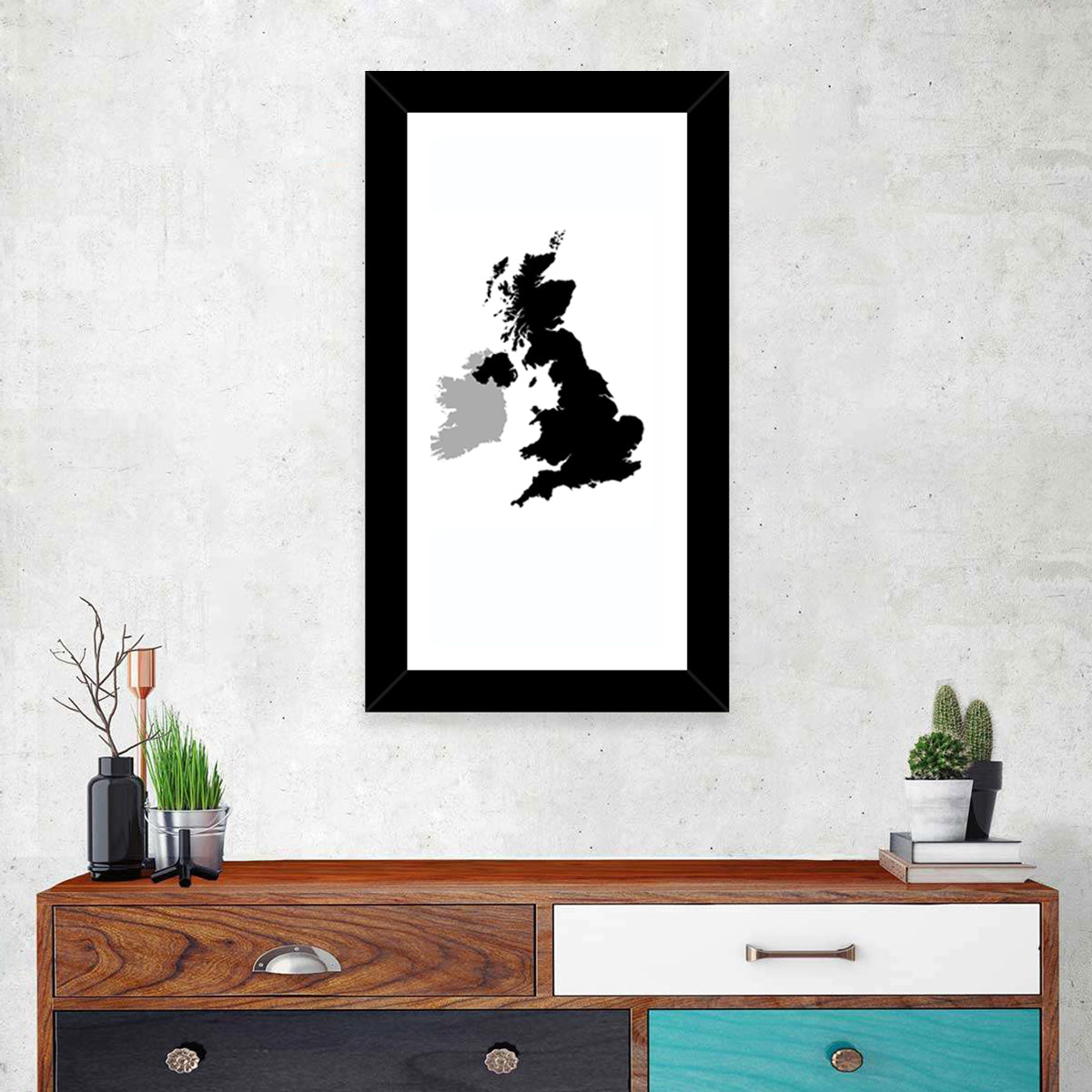 United Kingdom Silhouette Map Wall Art in a room, portrait