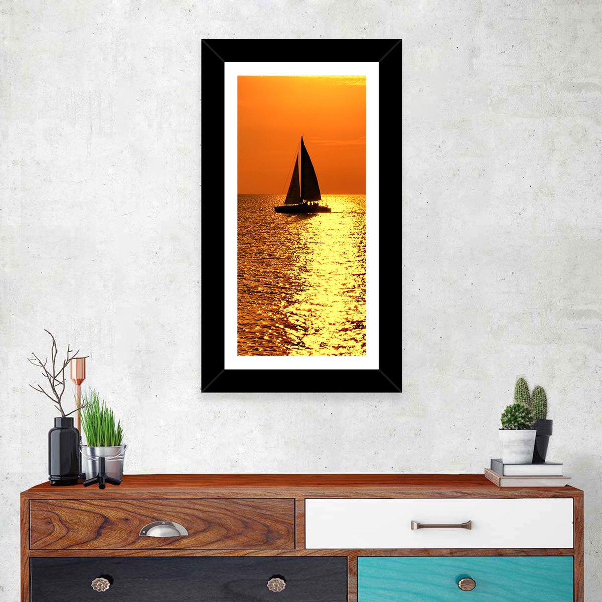 Sailboat Silhouette at Golden Sunset Wall Art