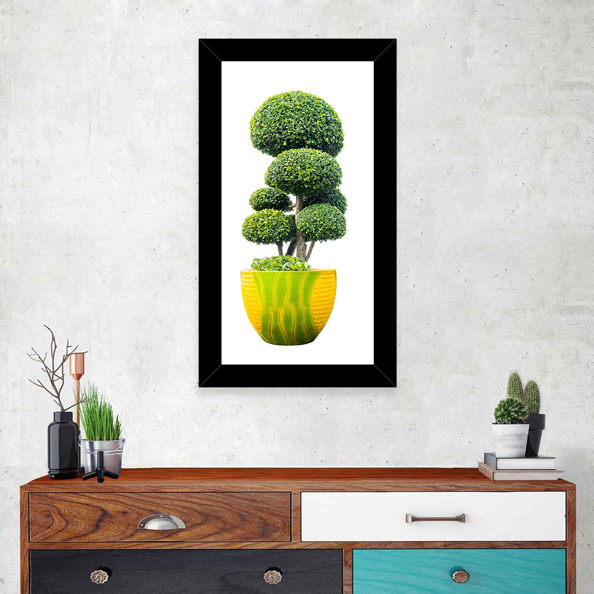 Bonsai Topiary in Yellow Lime Pot Wall Art in a room, portrait