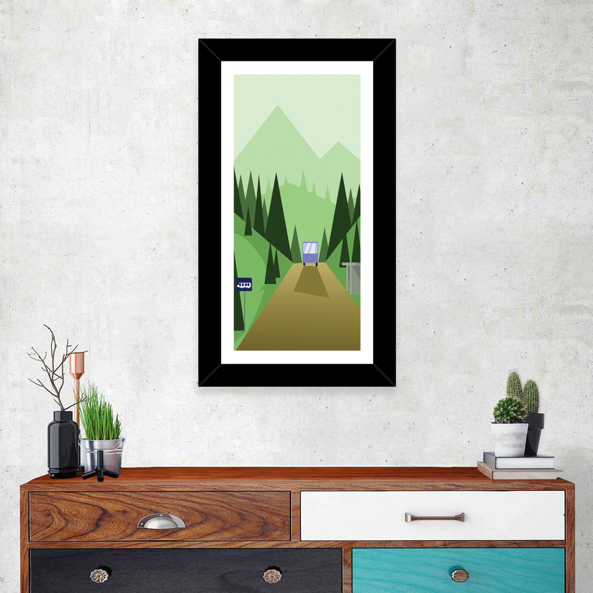Mountain Road Bus Stop Illustration Wall Art in a room, portrait