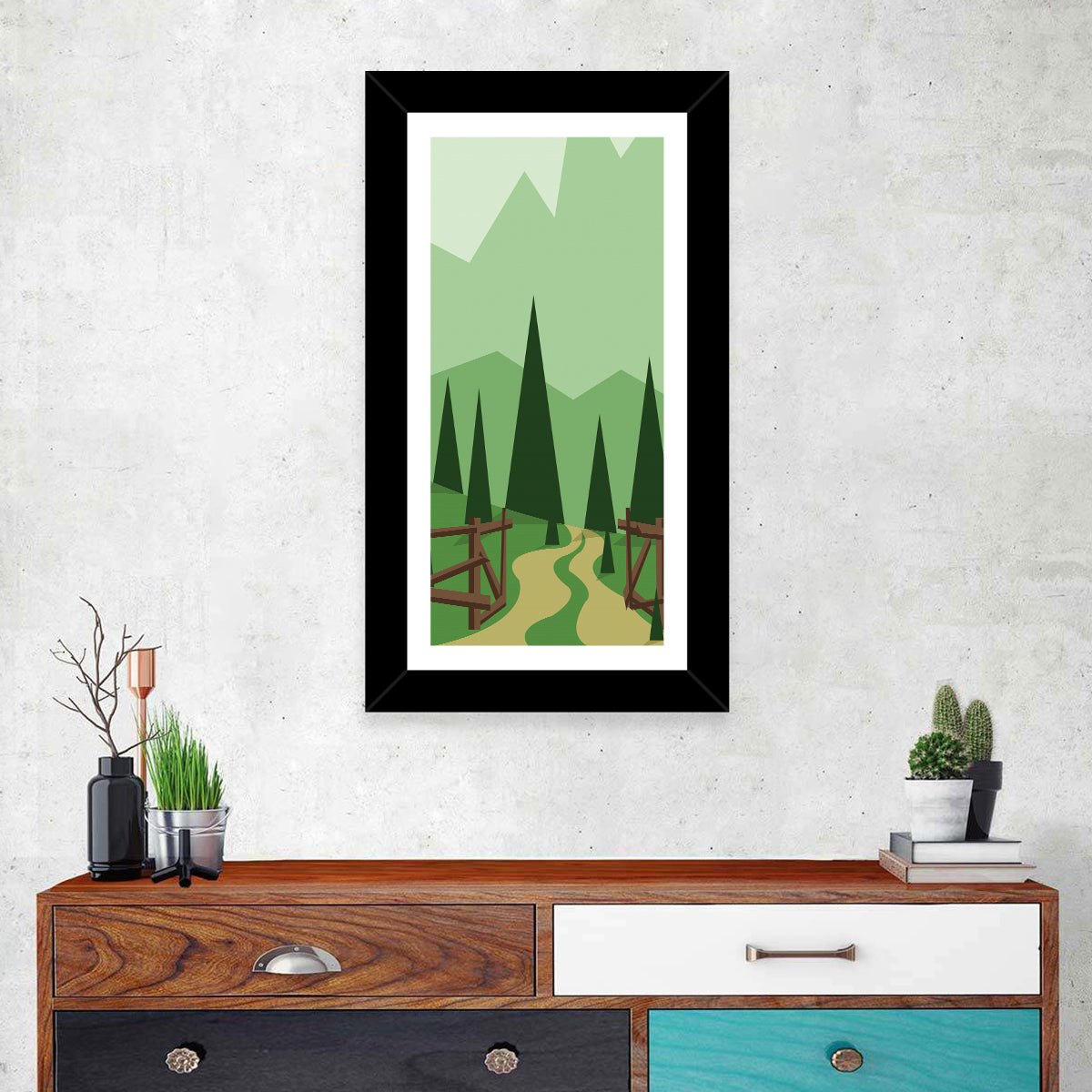 Winding Forest Path Wall Art in a room, portrait