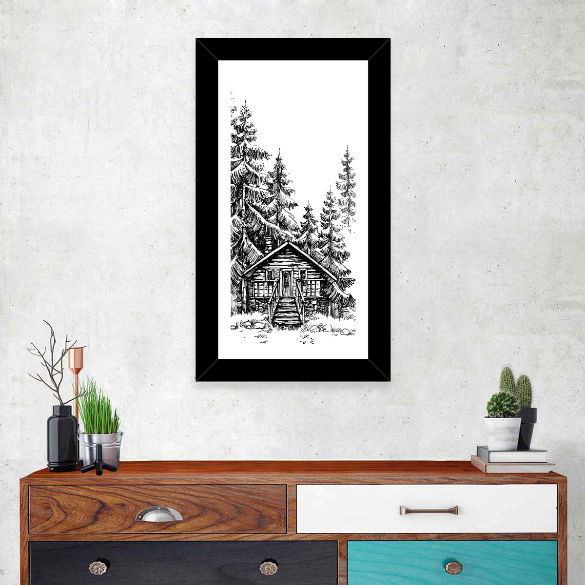 Log Cabin Sketch Wall Art in a room, portrait