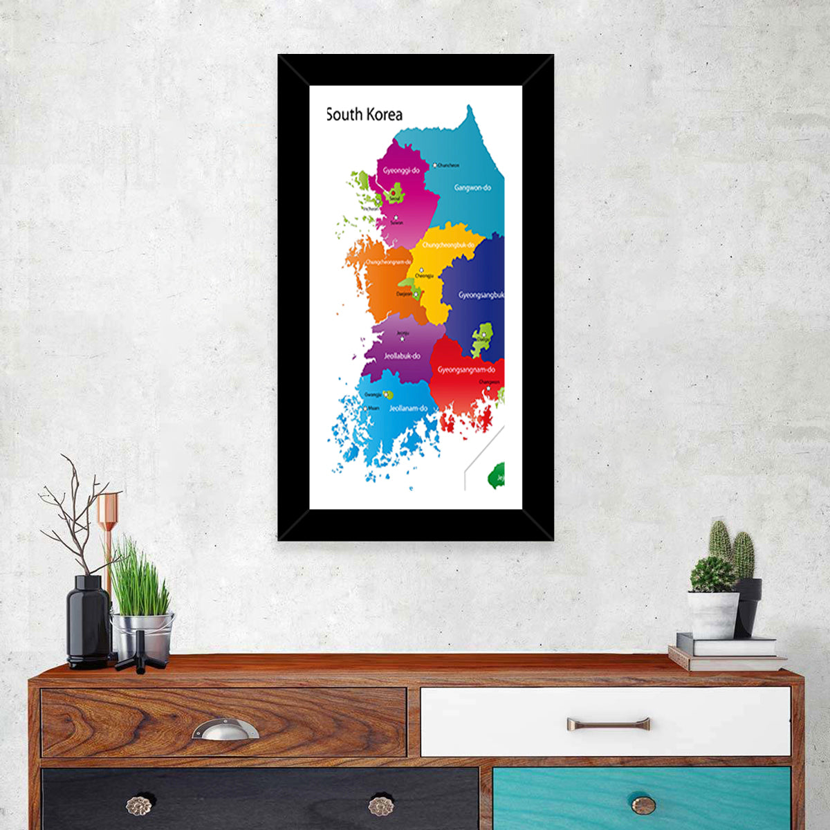 Colorful South Korea Map Wall Art in a room, portrait