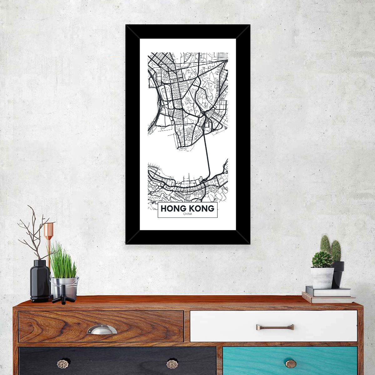 Hong Kong Aerial Map Wall Art in a room, portrait