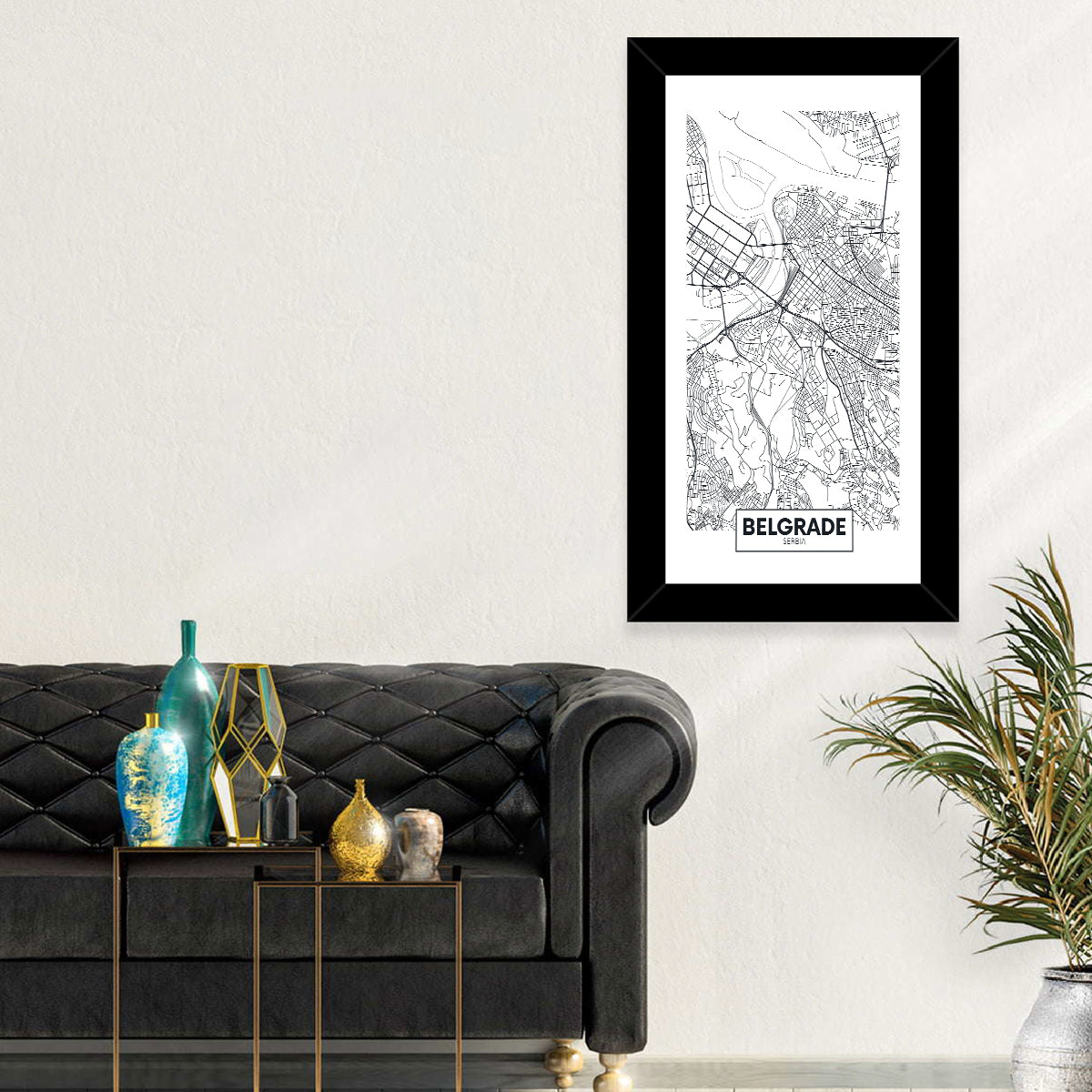 Minimalist Belgrade Map Wall Art in a room, portrait