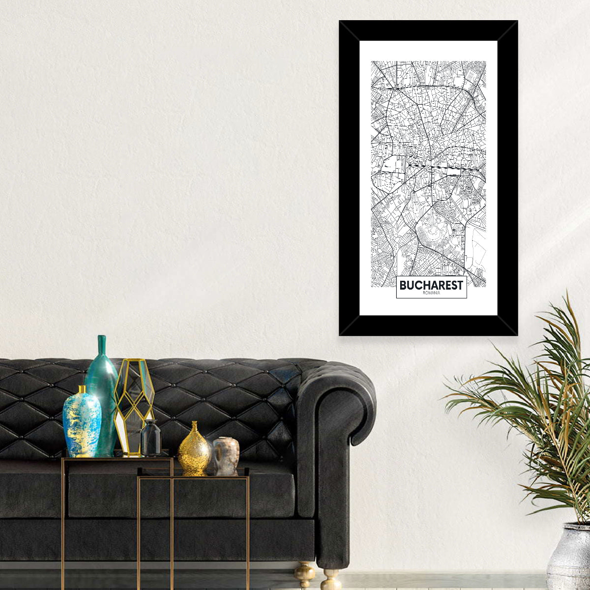 Bucharest City Map Wall Art in a room, portrait