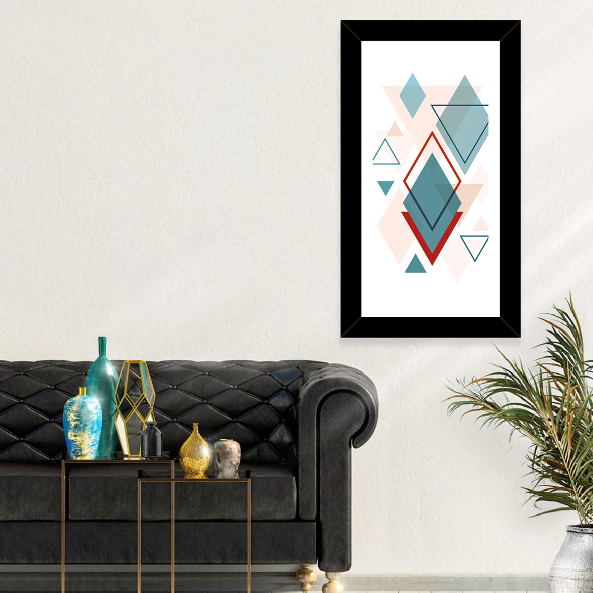 Scandinavian Teal Geometric Abstract Wall Art in a room, portrait