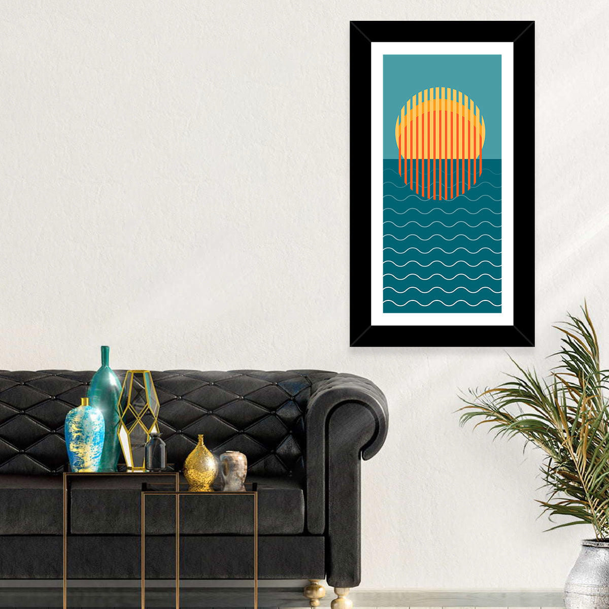Geometric Ocean Sunset Wall Art in a room, portrait