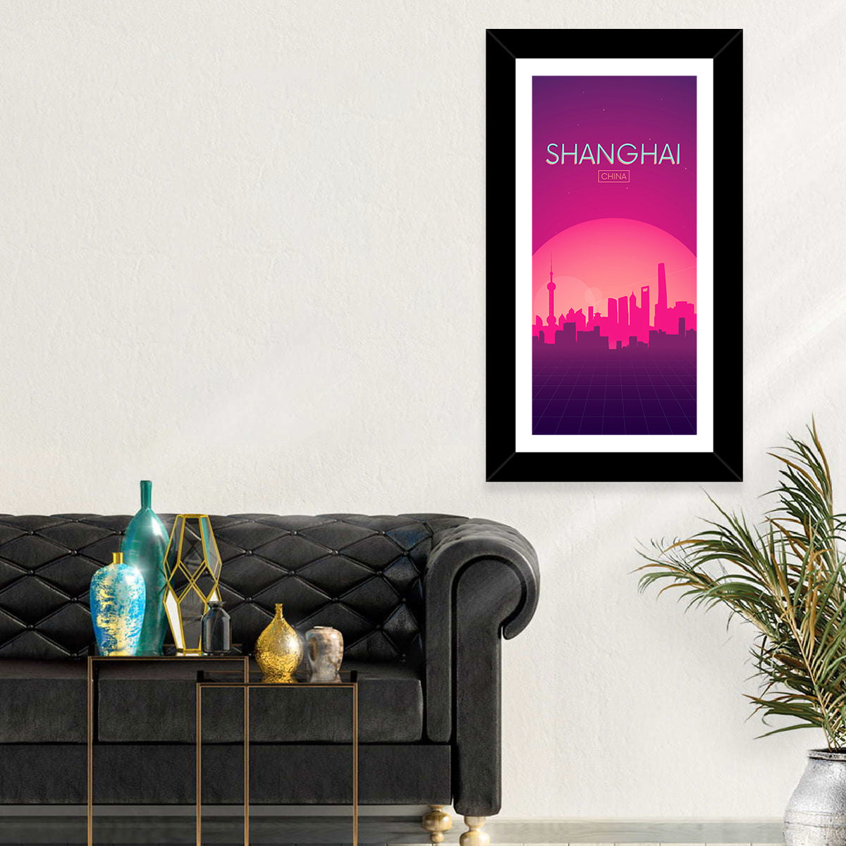 Shanghai Neon Sunset Skyline Wall Art in a room, portrait