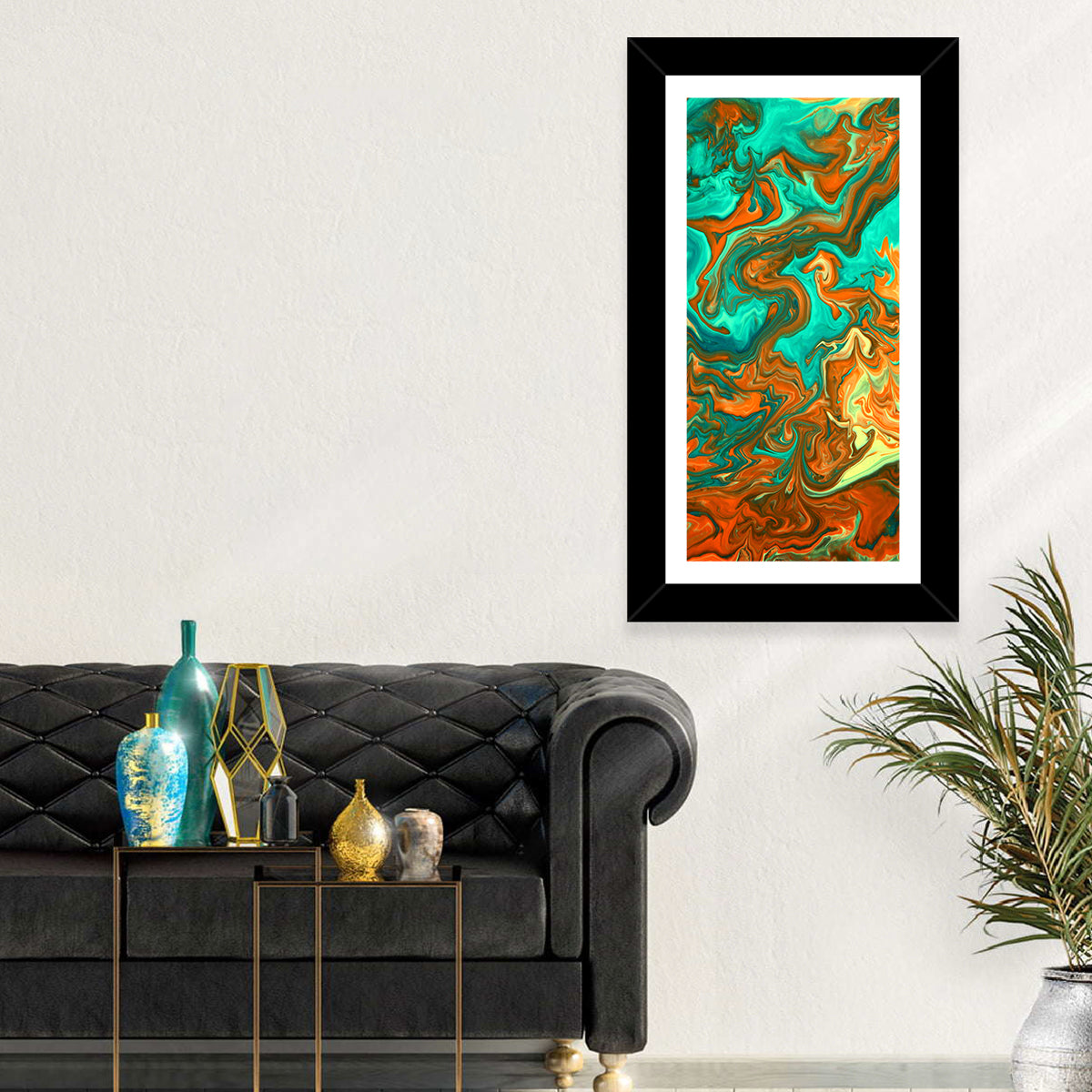 Blue Streams Abstract Wall Art in a room, portrait