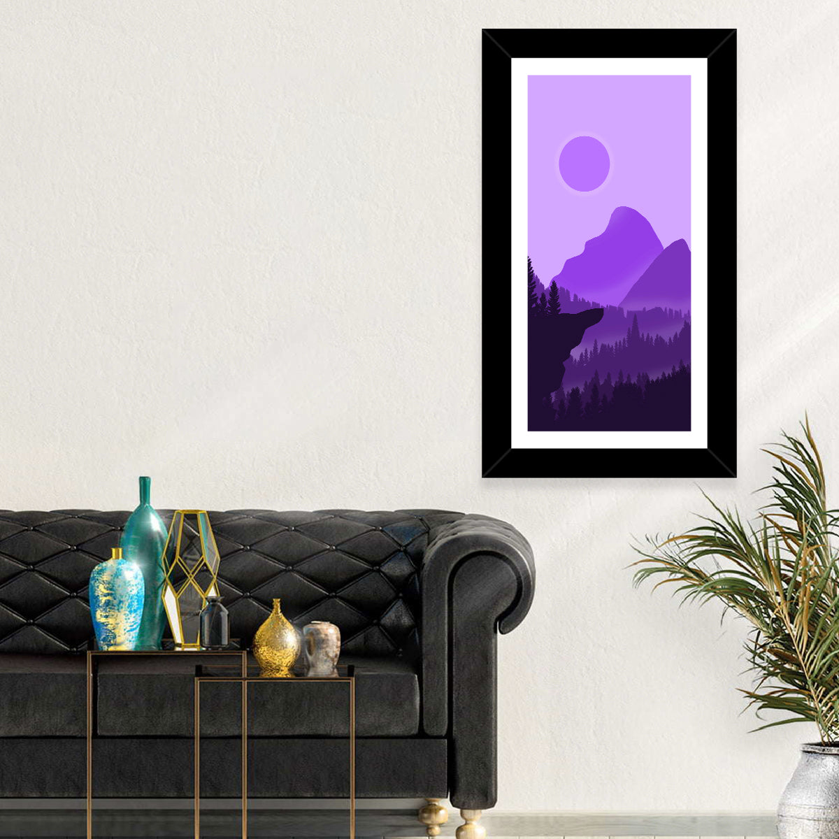 Purple Mountain Dusk Wall Art in a room, portrait
